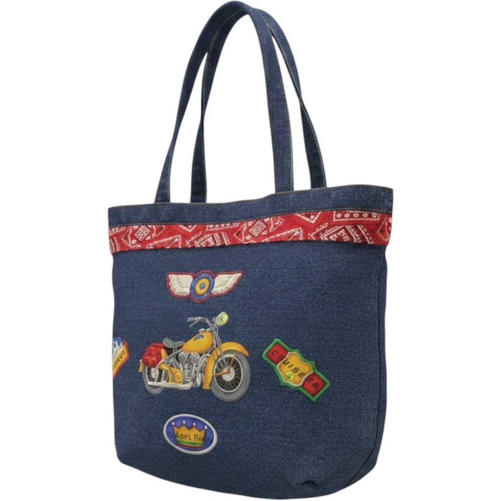 Denim Tote Bag Motorcycle Patches Biker Road Warrior Leather Forever Red Bandana
